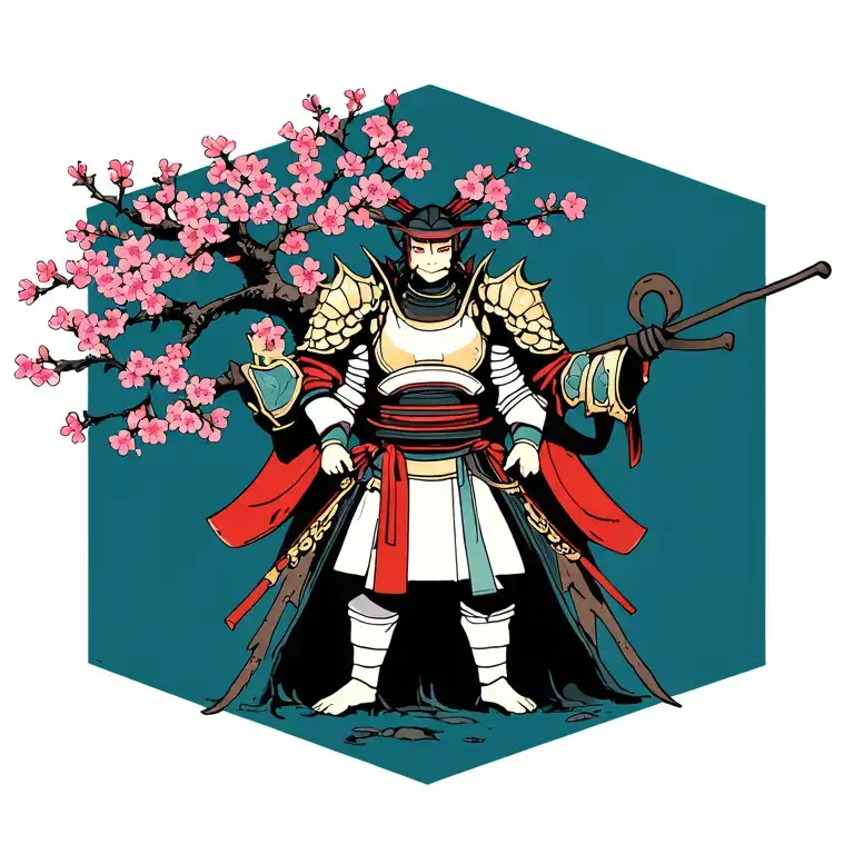 Decaying Samarai Armor Standing By Cherry Blossom Tree