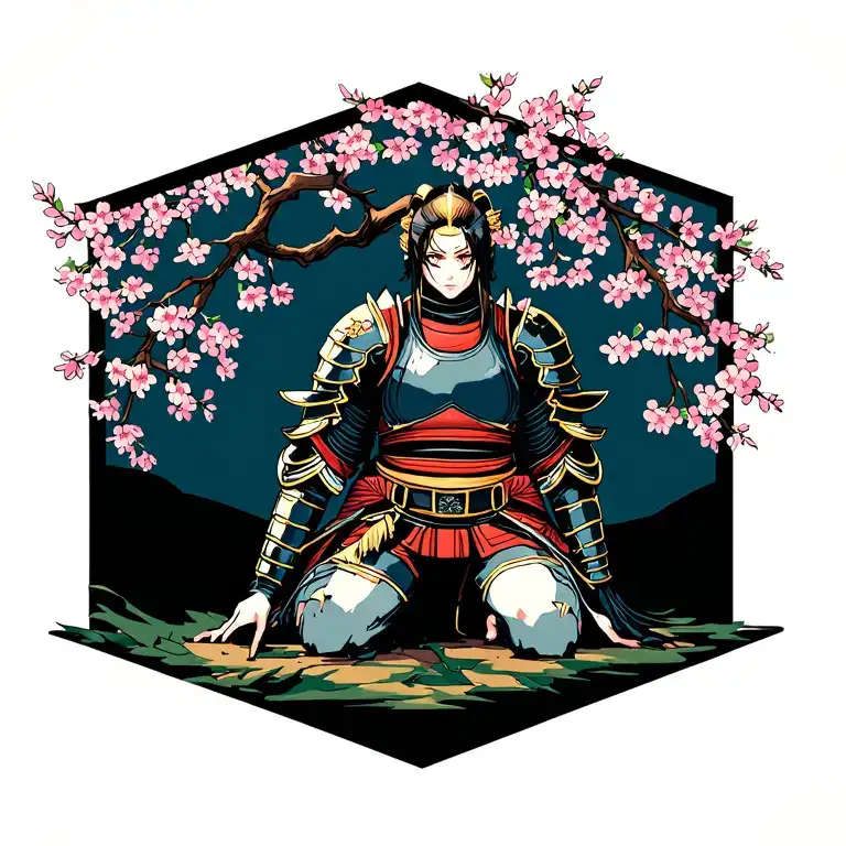 Decaying Samarai Armor Kneeling By Cherry Blossom Tree