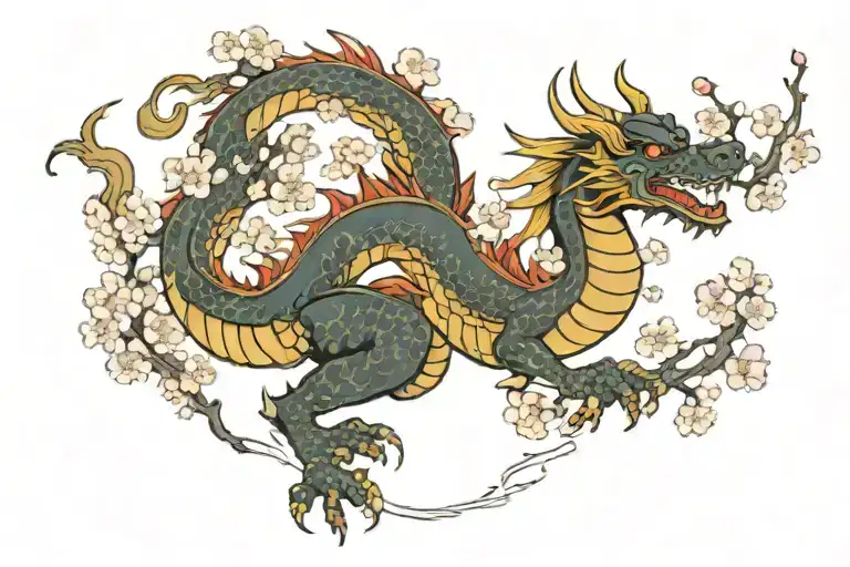 Dragon With Cherry Blossoms Smoke Background