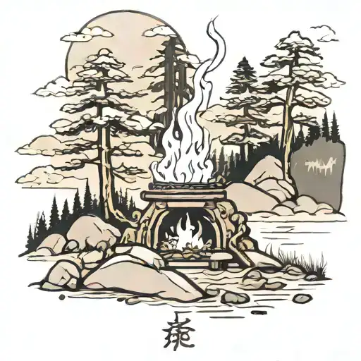 Camp Fire In Forest Landscape