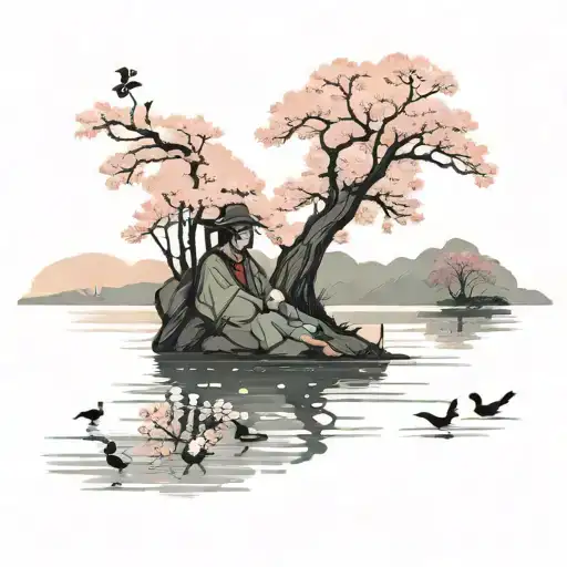 A Lake With Cherry Blossom Trees Lining The Shore And A Football Player Relaxing By The Water