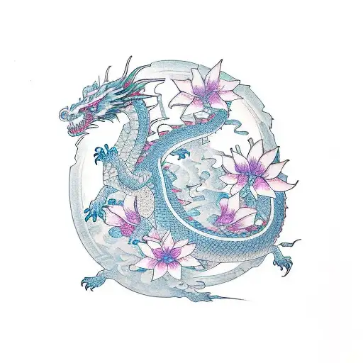 Dragon De Viaje De Chijiro Con Flores De Loto Y Cerezos