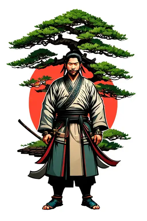 Samurai Standing In Front Of Bonsai Tree