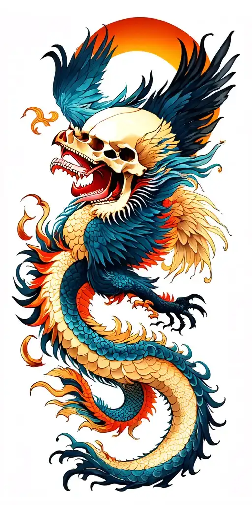 Chinese Dragon And Phoenix And Skull And Moon And Raven