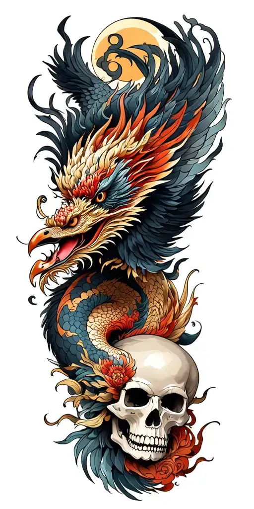 Chinese Dragon And Phoenix And Skull And Moon And Raven