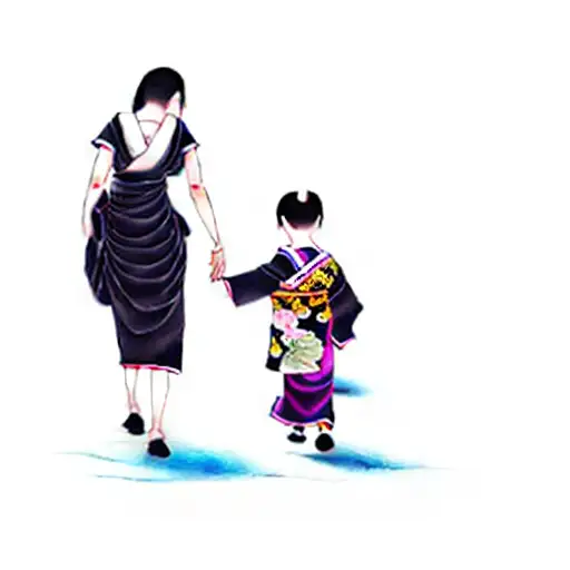 A Woman And A Child Walking In The Dark