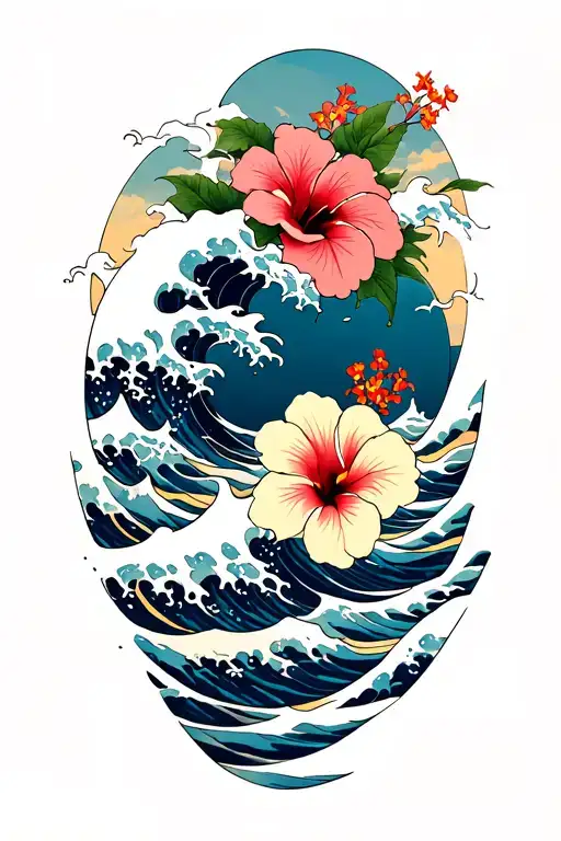 Ocean Waves With Small Hibiscus Flowers Bottom And Top