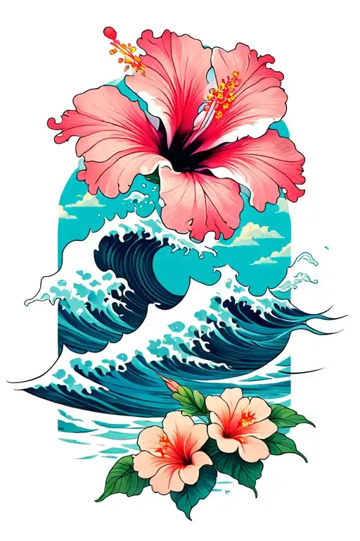 Ocean Waves Crashing On The Beach Hibiscus On The Bottom