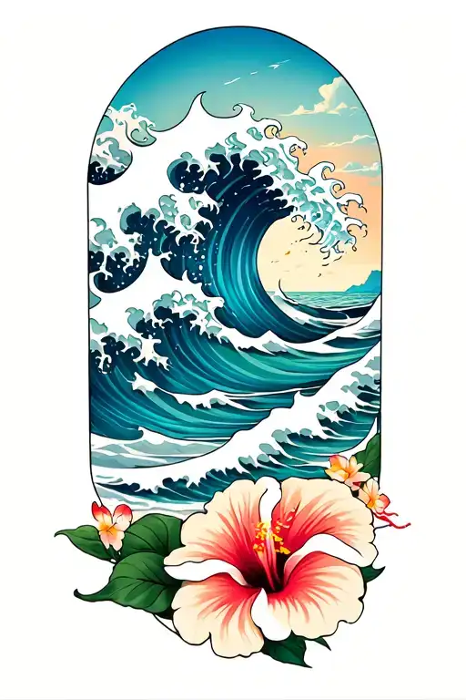 Ocean Waves Crashing On The Beach With Small Hibiscus On The Bottom