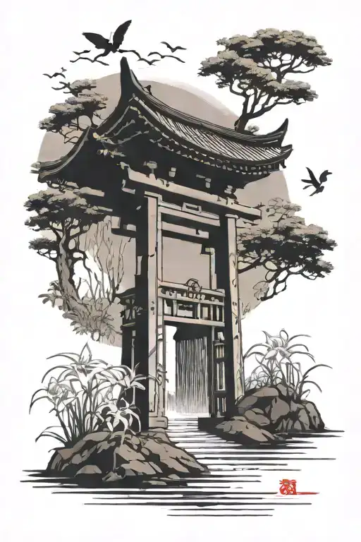 Japanese Tori Gate With A Field Of Spider Lilies In The Middle