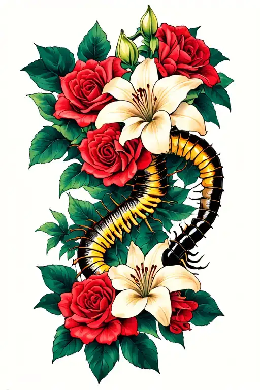 Roses And Spide Lillies With A Centipede Wrapping Around