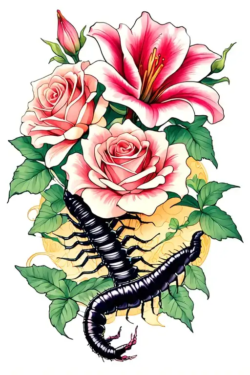 Roses And Spide Lillies With A Centipede Wrapping Around