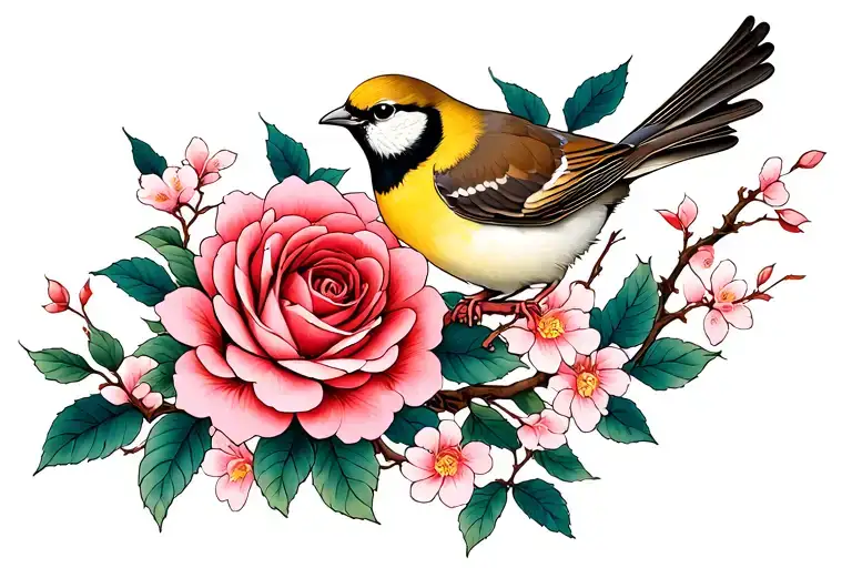 Rose And Sakura With Sparrow