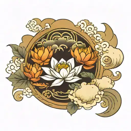 Japanese Lotus Flower Surrounded By Clouds
