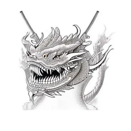 Dragon Holding Katana In The Mouth