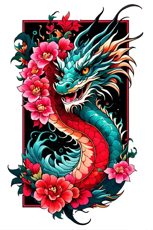 Dragon With Pink And Red Flowers Intertwined To Make Yen And Yang
