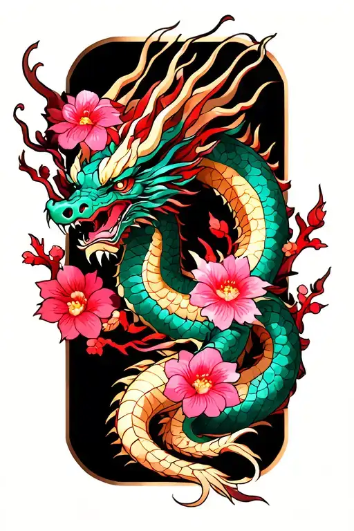 Dragon With Pink And Red Flowers Intertwined