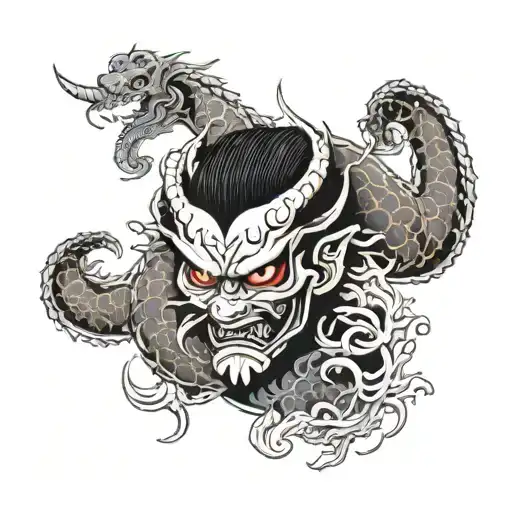 Neo Japanese Style Full Arm Sleeve With An Hannya Mask On The Shoulder And A Dragon In The Forearm