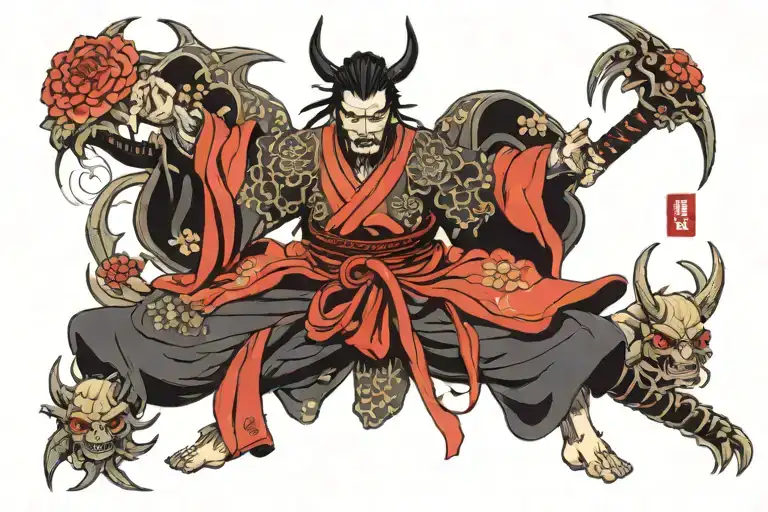 Samurai With Demon Mask And Spider Lili Flower