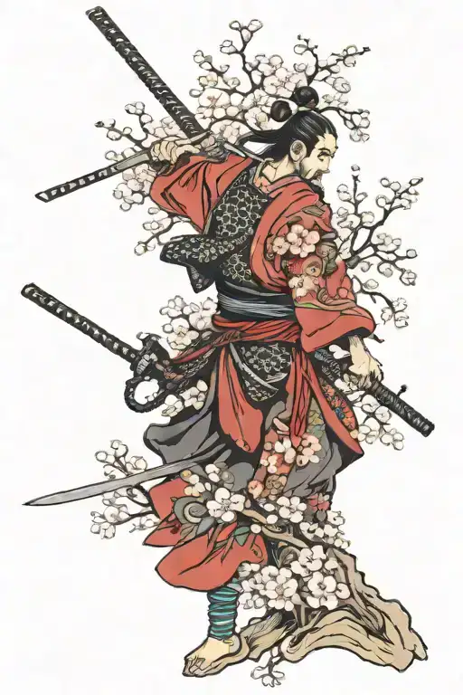 Samurai Warrior And Girl With Sakura Tree