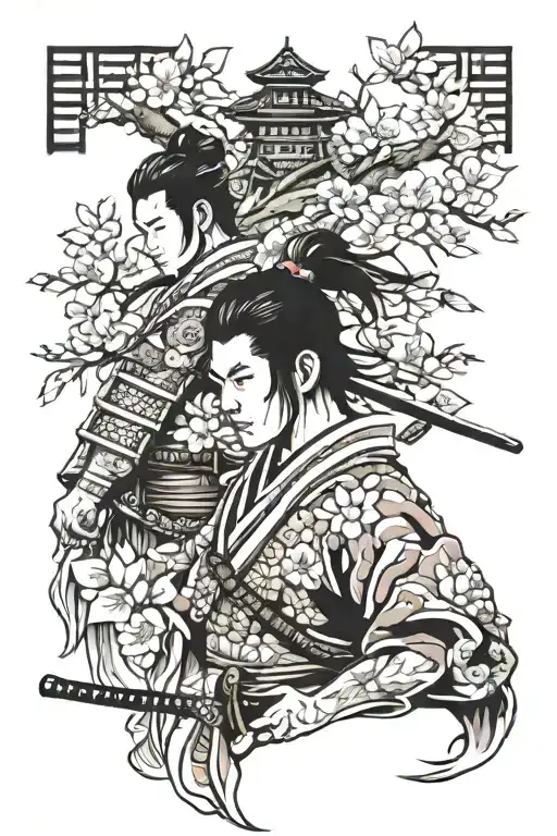 Samurai Warrior And Girl With Sakura Tree