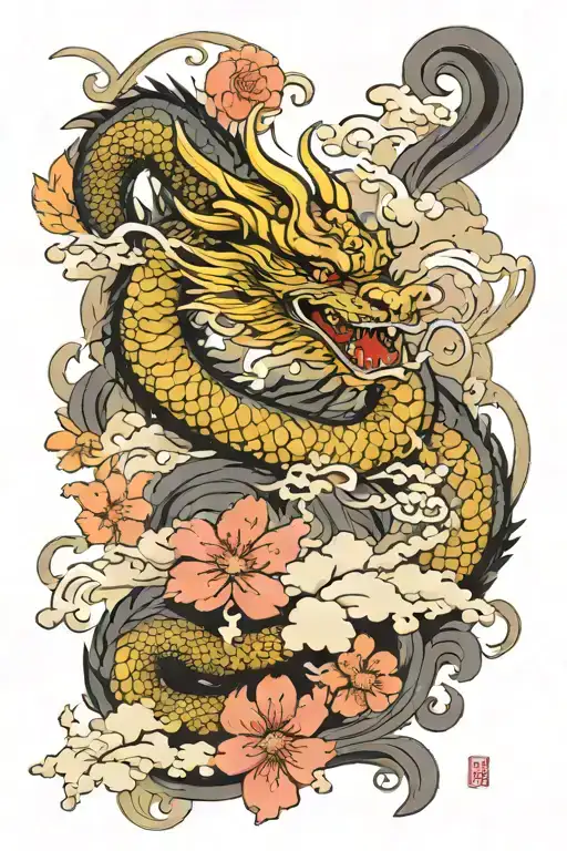 Dragon Sakura Petals And Smoke Clouds Surrounding