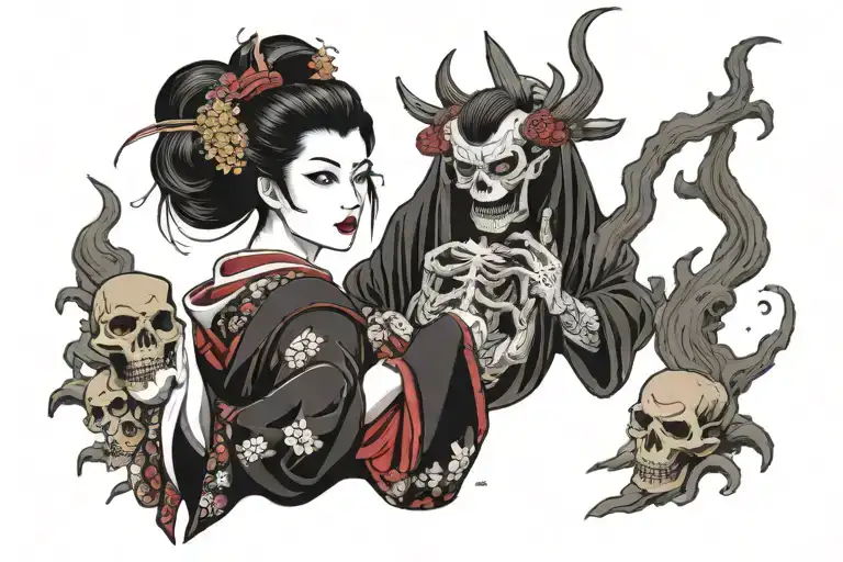 Evil Geisha Holding Skulls