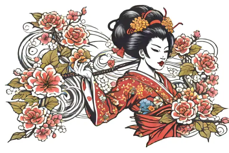 Evil Geisha Holding Flowers
