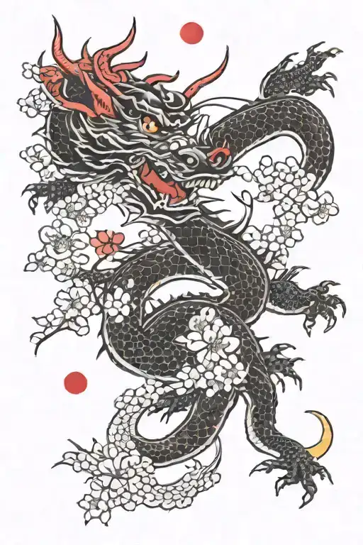 Red To Black Dragon With Moon And Cherry Blossoms