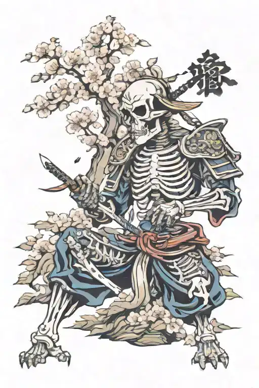 Skeleton Samurai Under A Cherry Blossom Tree