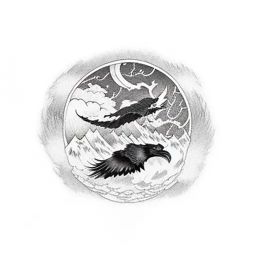 Kitsune And Ravens Flying With A Bloody Full Moon On The Background