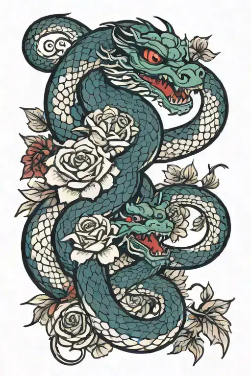 Snake Dragon Roses Intertwined