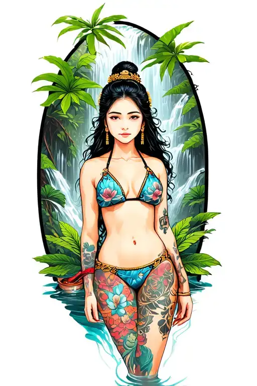 Thai Girl In A Topless Bikini In The Jungle With A Waterfall