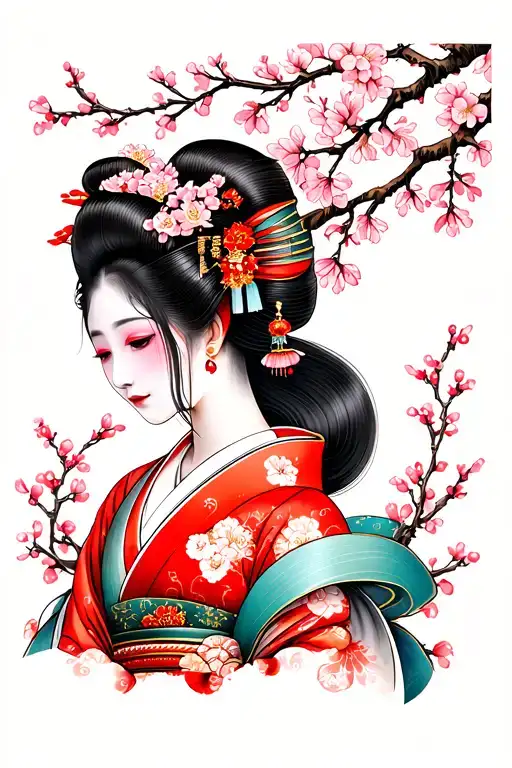 Geisha And Cherry Blossom Tree