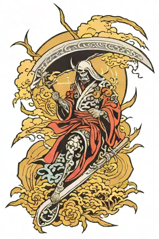 Japanese Style Leg Tattoo With A Reaper With Clouds And Lightning