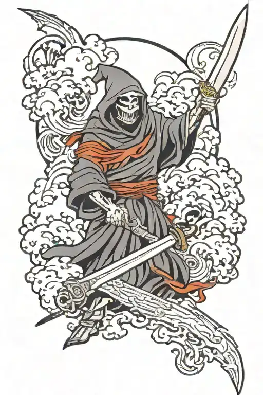 Reaper With Scythe Around Cloud And Lightning
