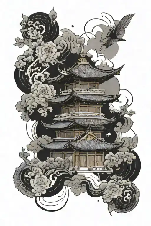 Minimalistic Black And White Tattoo With Rare Flecks Of Colour Of A Japanese Temple