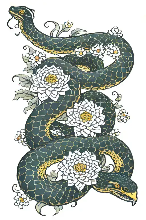 Chrysanthemums And Ouroboros Snake Coiled