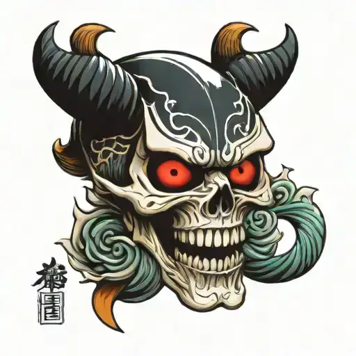 Skull With A Japanese Demon Mask On The Sleeve