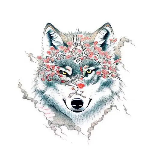 A Wolf Running Through A Traditional Japanese Cherry Blossom Garden