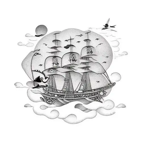 Pirate Ship With Sparrows Flying Around