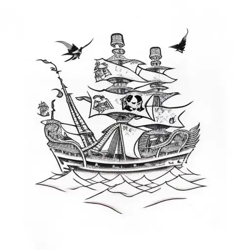 Pirate Ship With Sparrows Flying Around