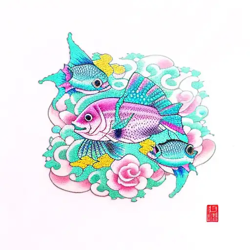 Rose Hearts Flowers Turquoise Pink Title Fish Sea Stars