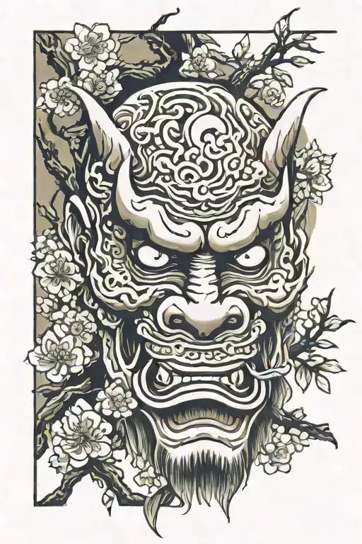 Oni Mask Surrounded By Chery Blossom Tree In Background