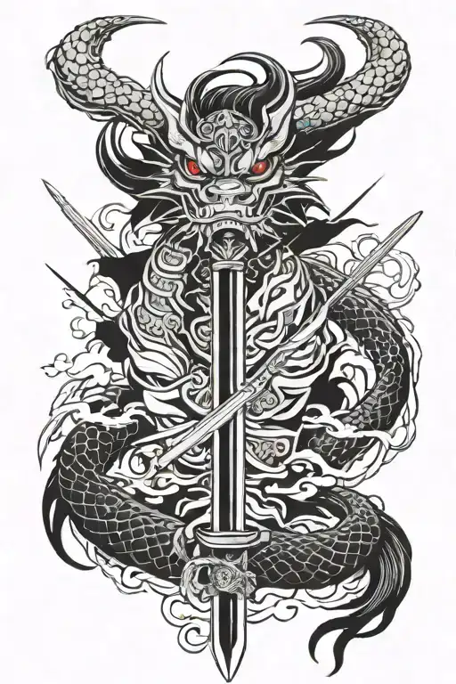 On Mask Dragon Katana Sword With Raven