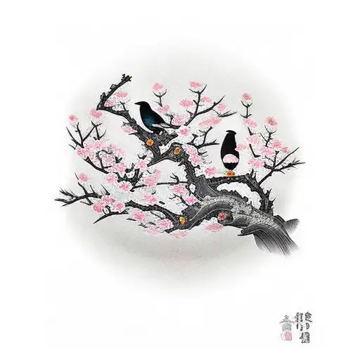 Dark Cherry Blossom With Birds