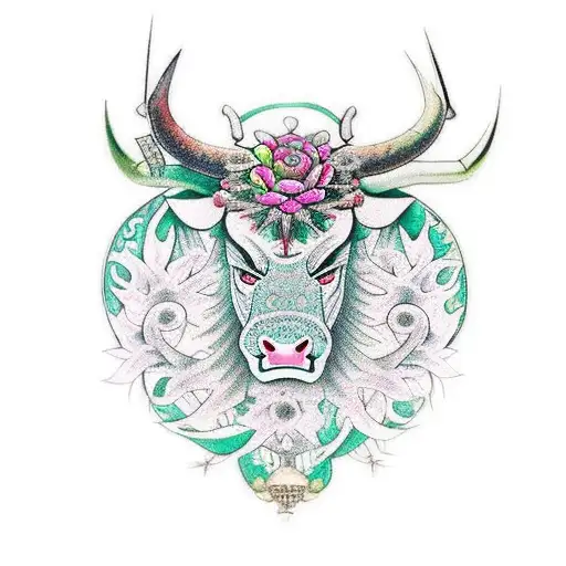 Taurus Head With Thorns Surrounding It And Has Five Different Coloured Books On The Thorns