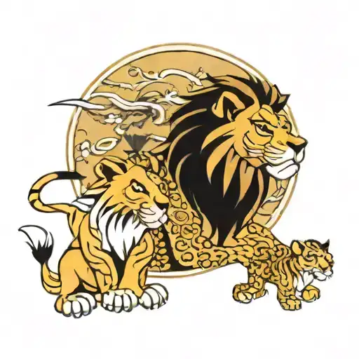 A Lion King With His Two Children Playing