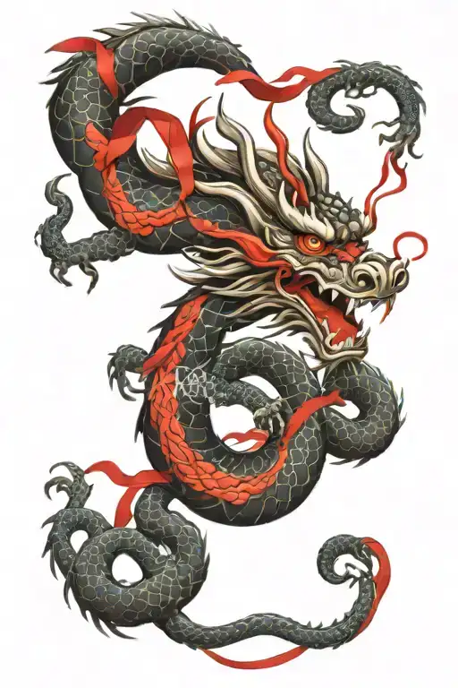 Chinese Dragon With Lucky Red Ribbon Intertwined
