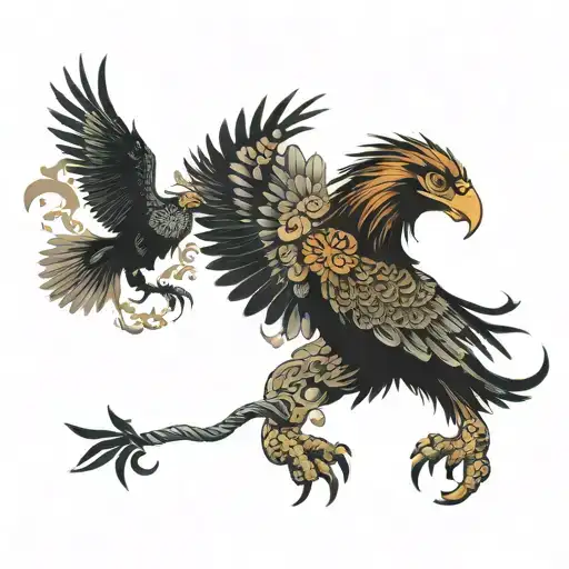 A Phoenix And An Eagle Dancing Around A Crow Flying